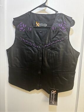 Xelement Women's Black Leather Vest with Purple Floral Accents